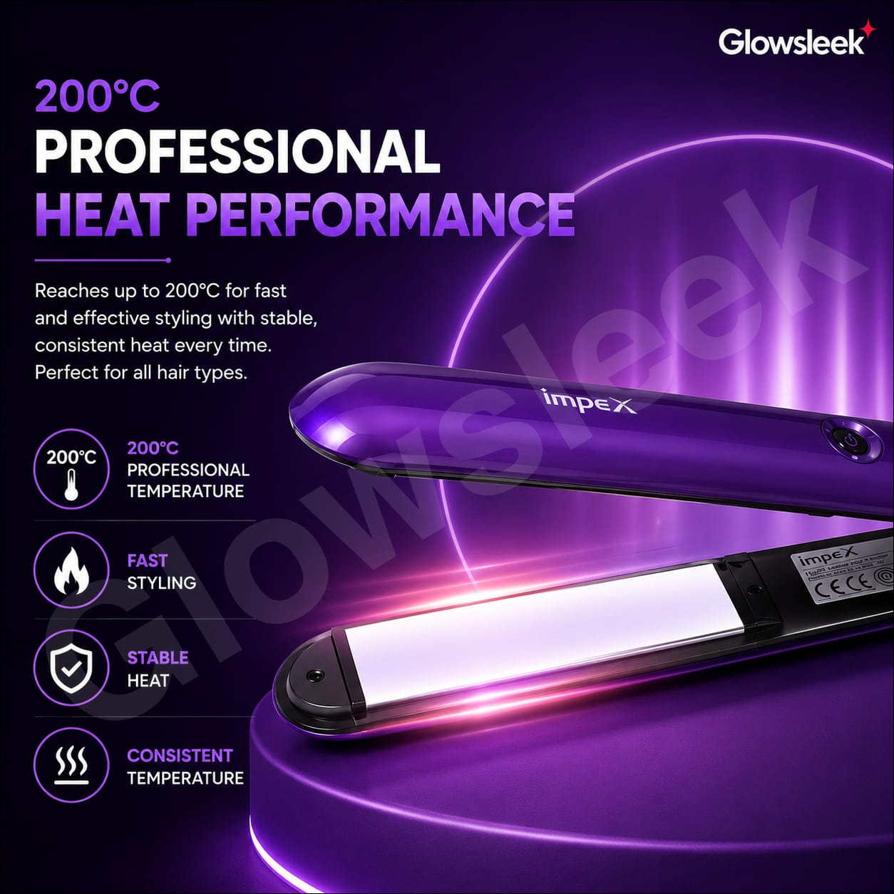 Authentic Impex Hair Straightener Model HS 302 Flat Iron with PTC Fast Heating Ceramic Coated Plates Plate Lock Function and 360 Degree Swivel Cord for Frizz Free Smooth Hair