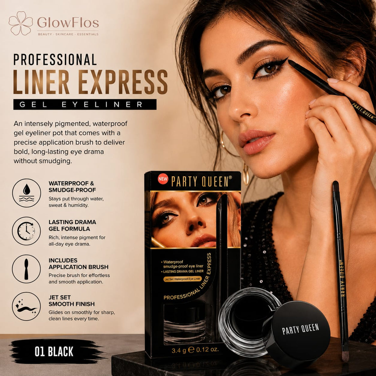 Party Queen Professional Liner Express Gel Eyeliner – 01 Black