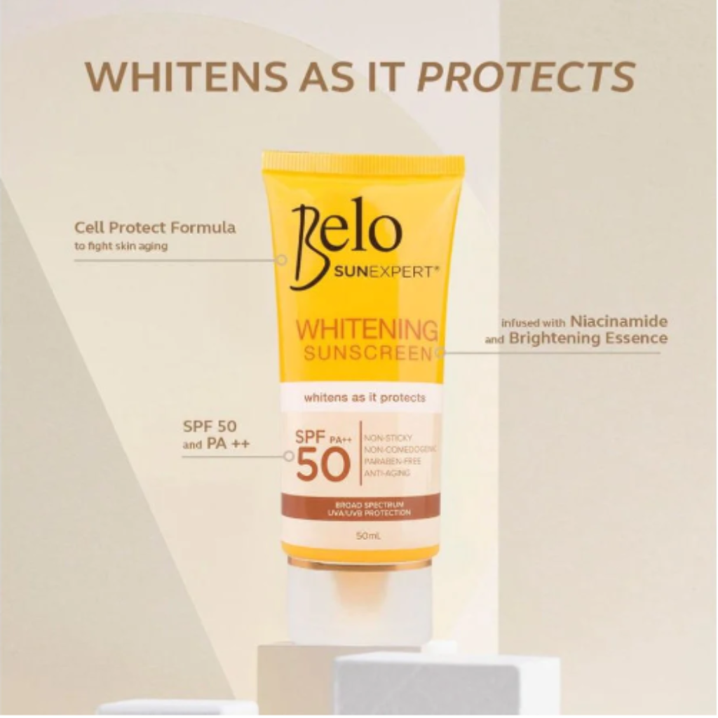 Belo SunExpert Whitening Sunscreen SPF 50 yellow tube for maximum UV protection and dark spot fading