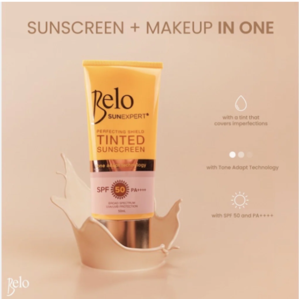 Belo SunExpert Tinted Sunscreen SPF 50 tube with tone adapt technology for sheer matte coverage