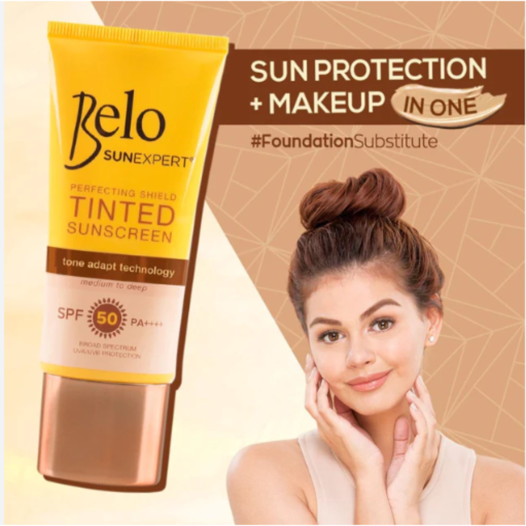 Belo SunExpert Tinted Sunscreen SPF 50 tube with tone adapt technology for sheer matte coverage