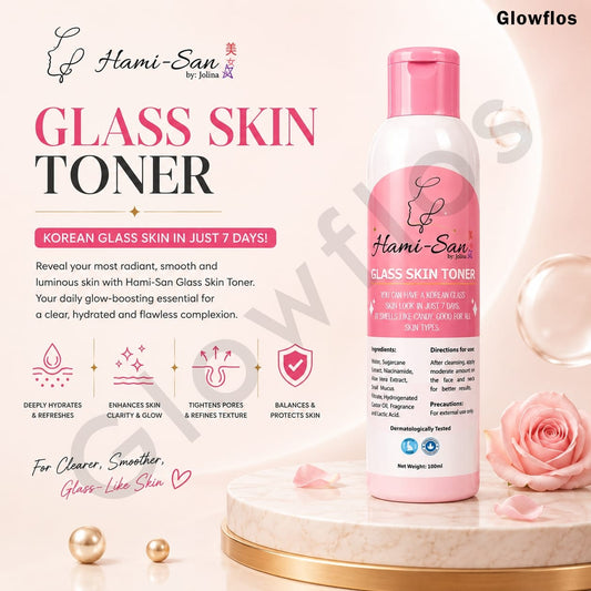 Hami-San Glass Skin Toner benefits listing including cleanses skin evens texture hydrates and dries pimples