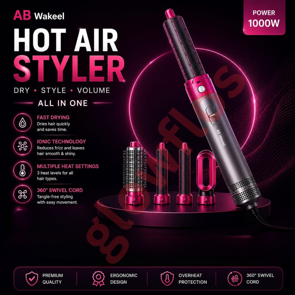 Authentic AB WAKEEL 5 in 1 Hot Air Styler Multi Functional Hair Dryer Brush and Air Wrap Curling Wand with Ionic Heat Protection for Salon Volumizing and Frizz Free Styling