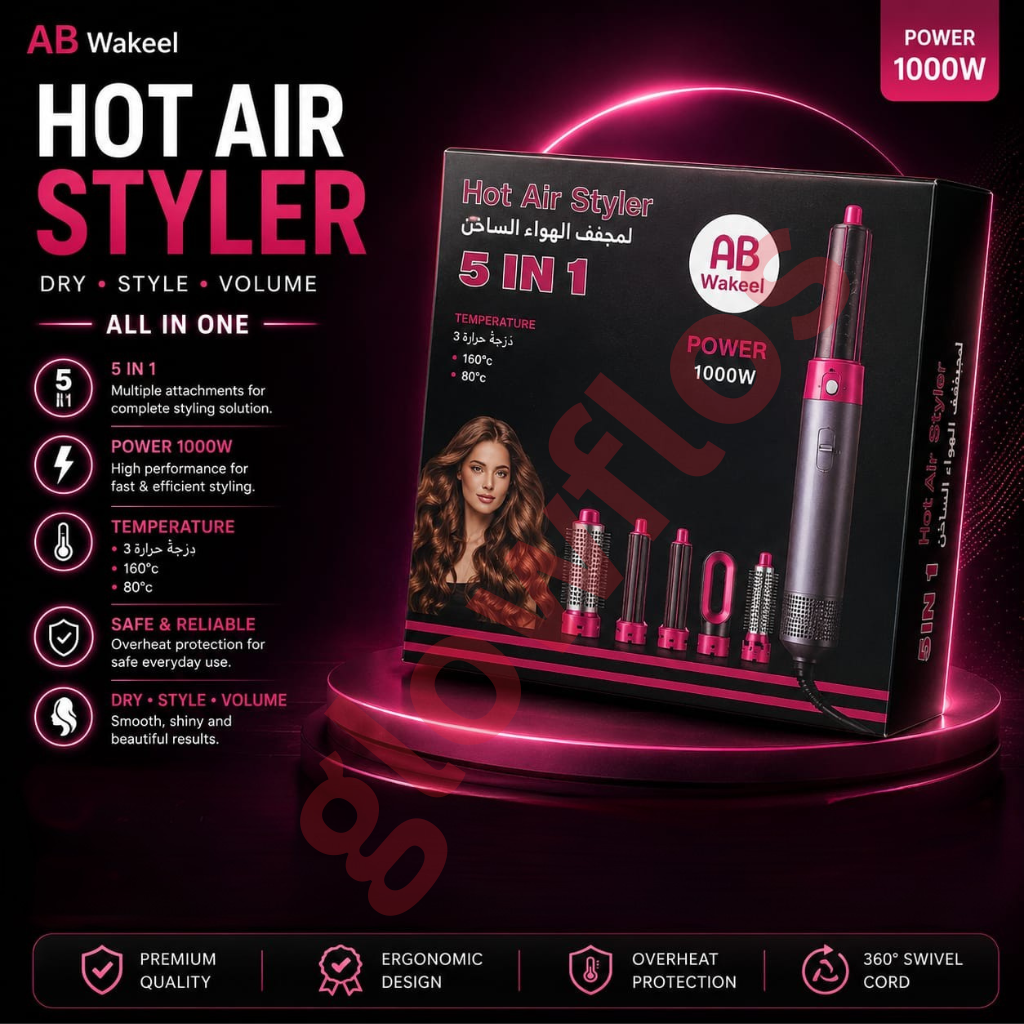 Authentic AB WAKEEL 5 in 1 Hot Air Styler Multi Functional Hair Dryer Brush and Air Wrap Curling Wand with Ionic Heat Protection for Salon Volumizing and Frizz Free Styling