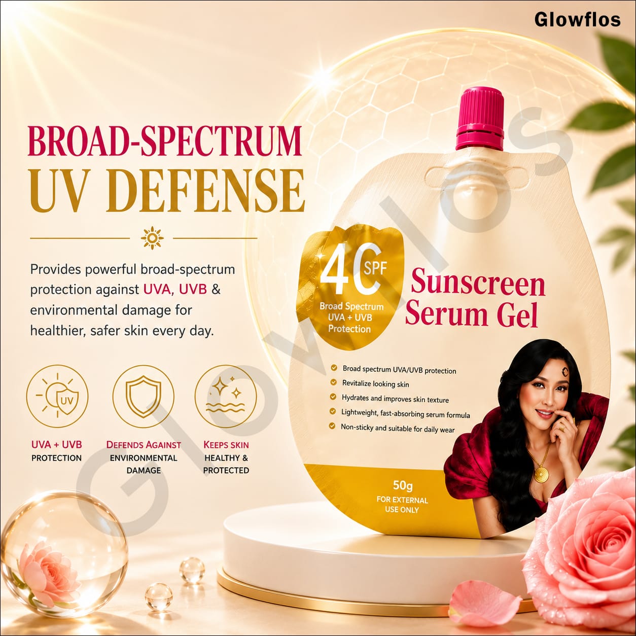 Lightweight clear serum gel texture of Hami-San sunscreen being blended effortlessly on skin