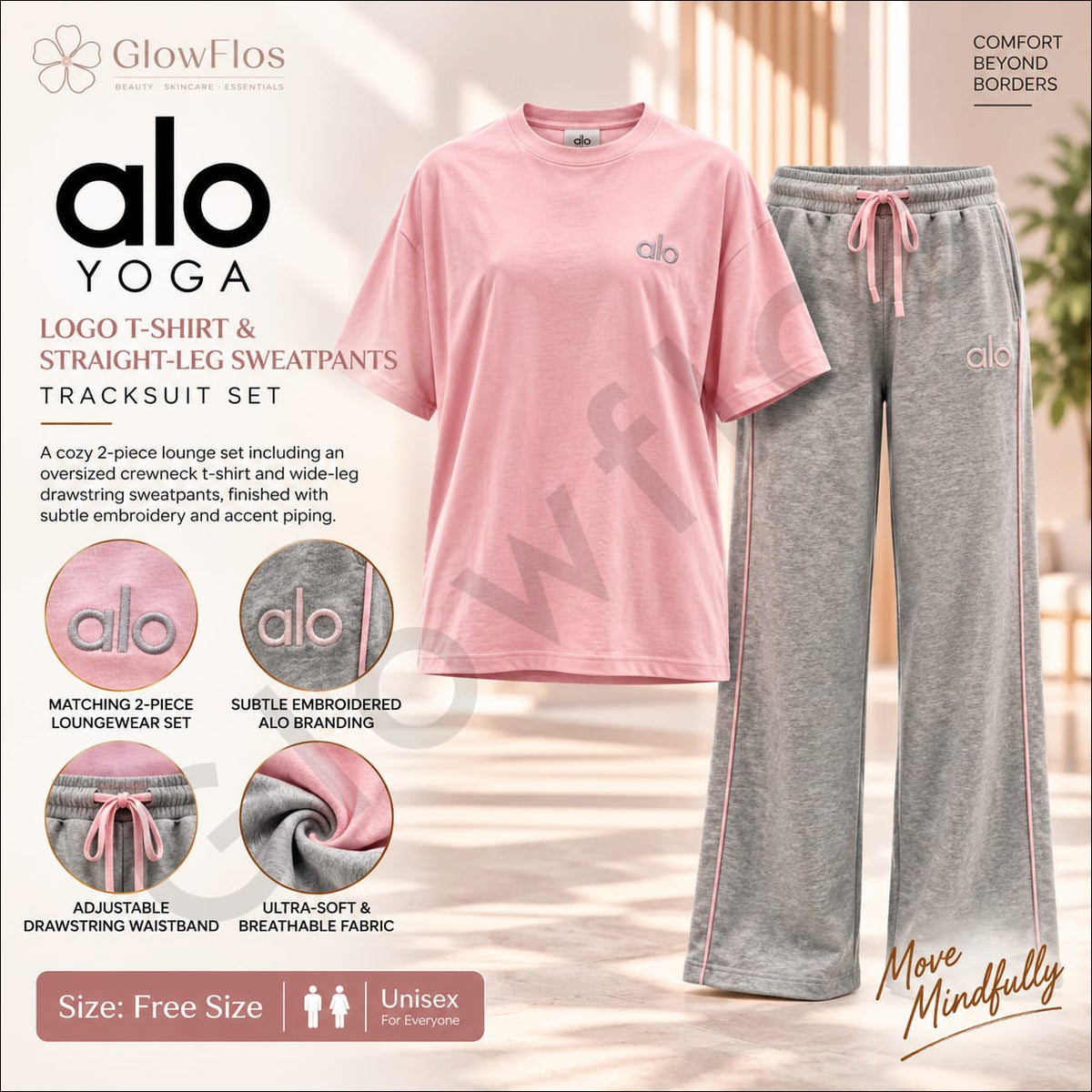 Alo Yoga Logo T-Shirt & Straight-Leg Sweatpants Tracksuit Set