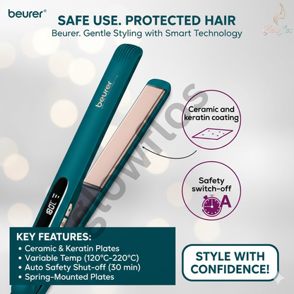 “Beurer HS-50 professional hair straightener with ceramic plates for smooth, sleek styling – salon-quality flat iron.”