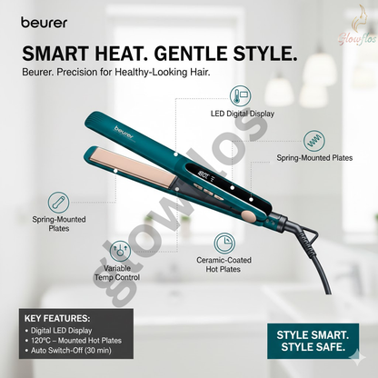 “Beurer HS-50 professional hair straightener with ceramic plates for smooth, sleek styling – salon-quality flat iron.”