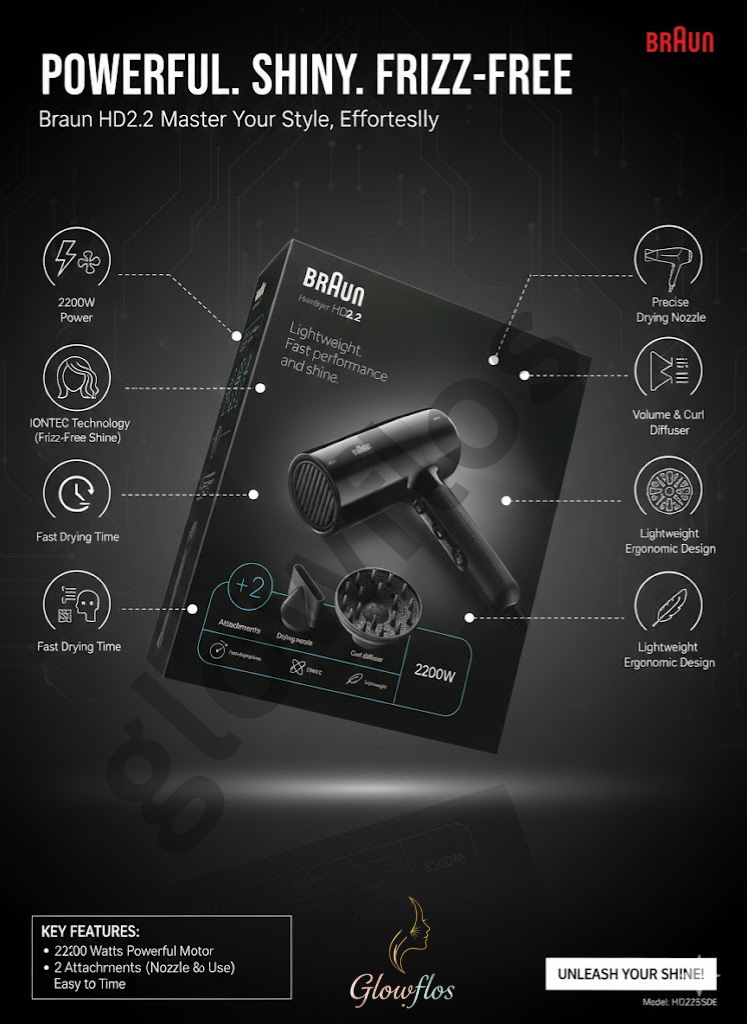 “Braun 2200W Ionic Hair Dryer HD225SDE in black – fast-drying professional ionic hair dryer for smooth frizz-free styling.”