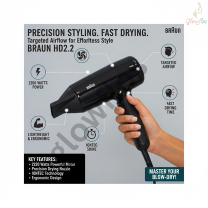 “Braun 2200W Ionic Hair Dryer HD225SDE in black – fast-drying professional ionic hair dryer for smooth frizz-free styling.”