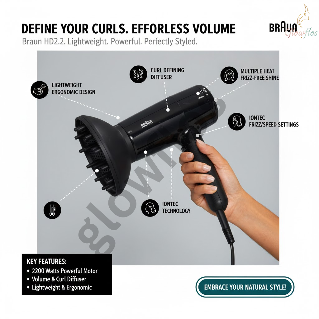 “Braun 2200W Ionic Hair Dryer HD225SDE in black – fast-drying professional ionic hair dryer for smooth frizz-free styling.”