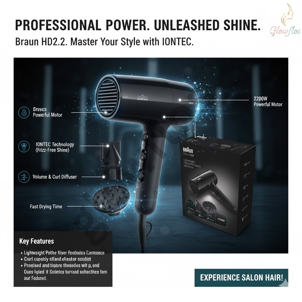 “Braun 2200W Ionic Hair Dryer HD225SDE in black – fast-drying professional ionic hair dryer for smooth frizz-free styling.”
