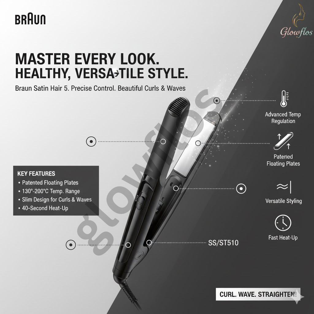 “Braun SS/ST510 hair straightener with ceramic plates for smooth, sleek, frizz-free styling – professional flat iron.”