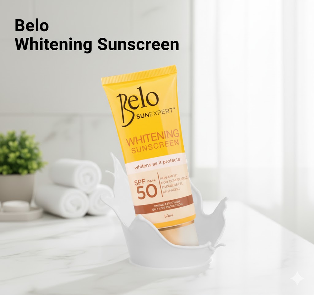 Belo SunExpert Whitening Sunscreen SPF 50 yellow tube for maximum UV protection and dark spot fading