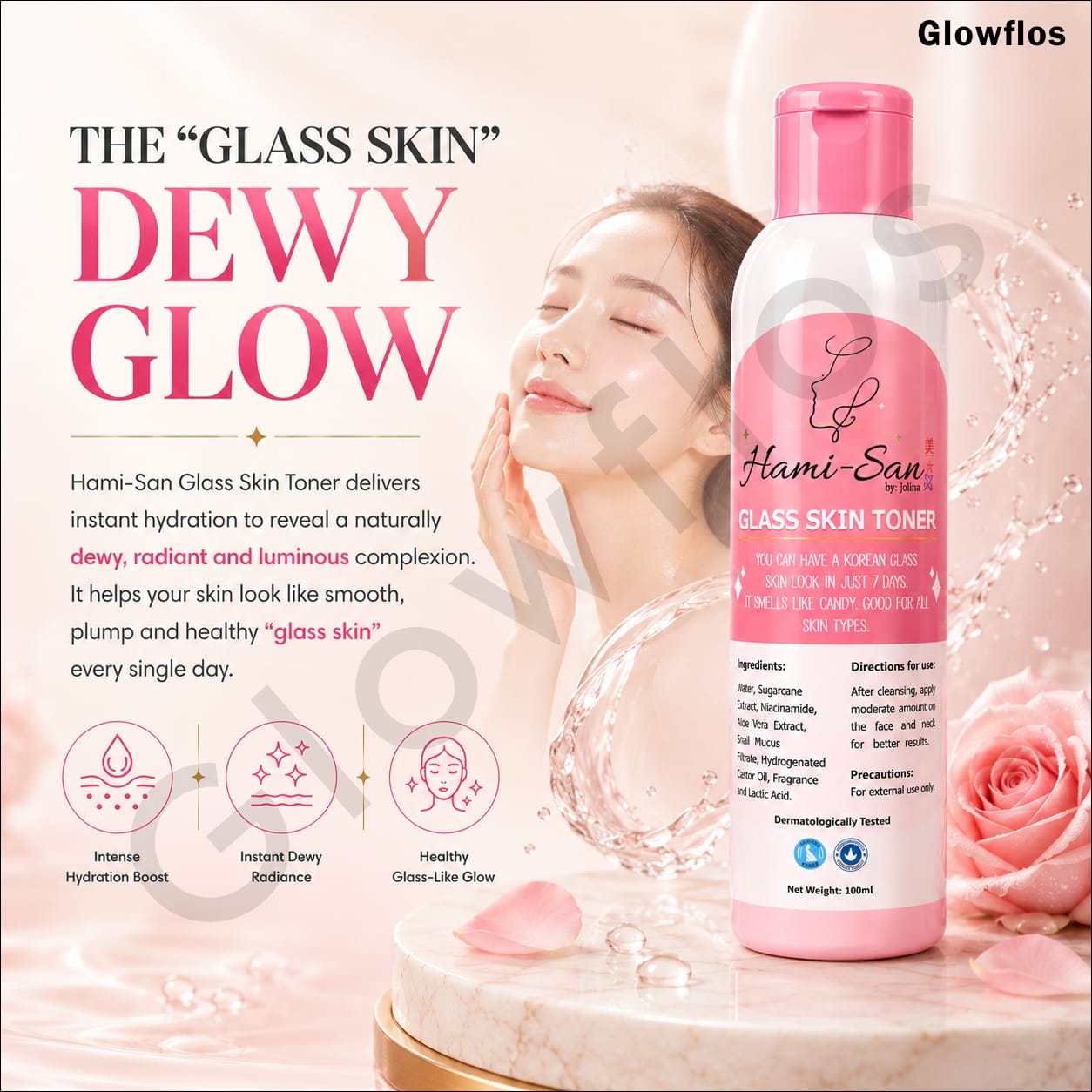 Hami-San Glass Skin Toner benefits listing including cleanses skin evens texture hydrates and dries pimples