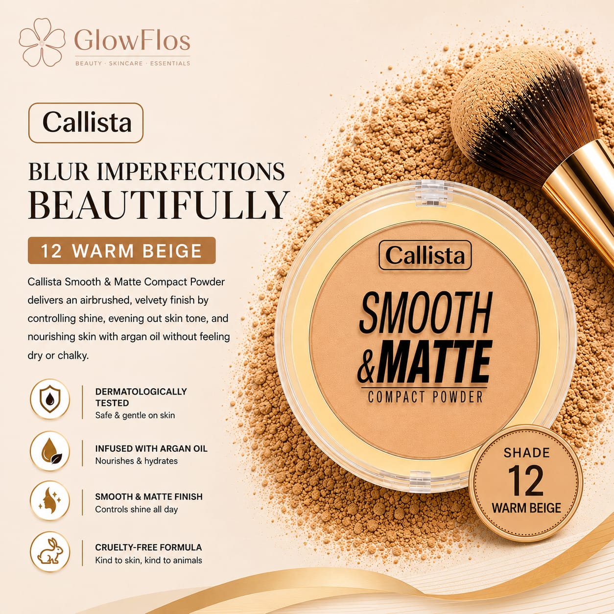 Callista Smooth & Matte Compact Powder yellow compact case in shade 12 Warm Beige showing the product top and ingredient label