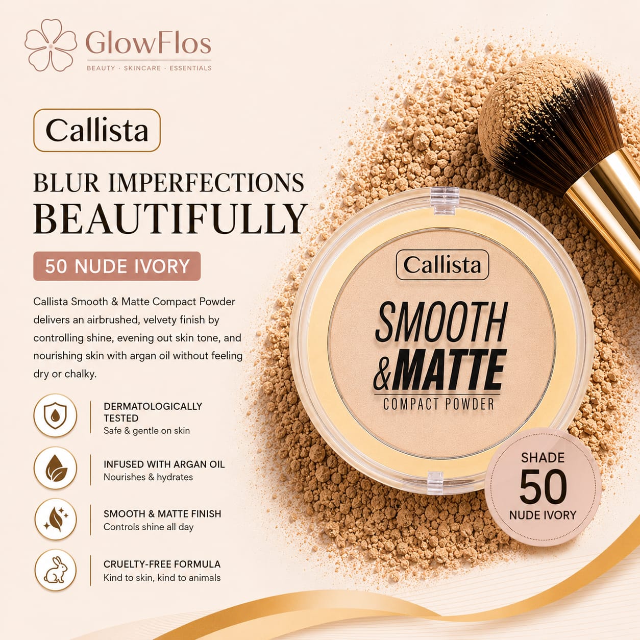Callista Smooth & Matte Compact Powder in shade 50 Nude Ivory, shown in a yellow compact case.