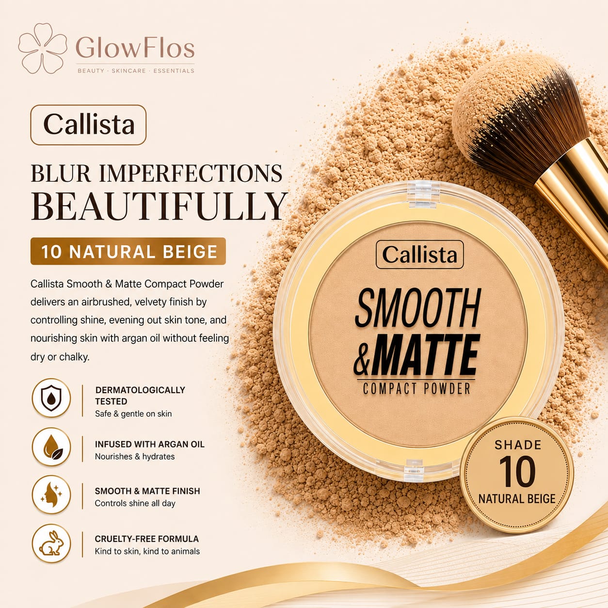 Callista Smooth & Matte Compact Powder yellow compact case in shade 10 Natural Beige showing the product top and ingredient label