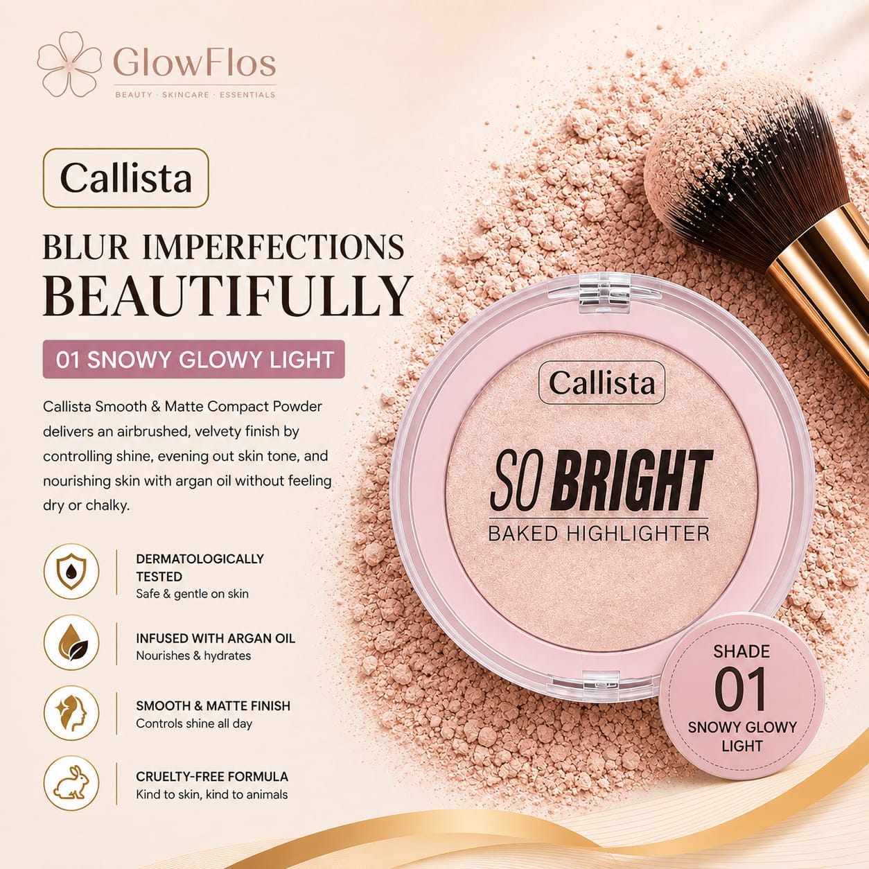 Callista So Bright Baked Highlighter compact case in shade 01 Snowy Glowy Light showing top cover and back label