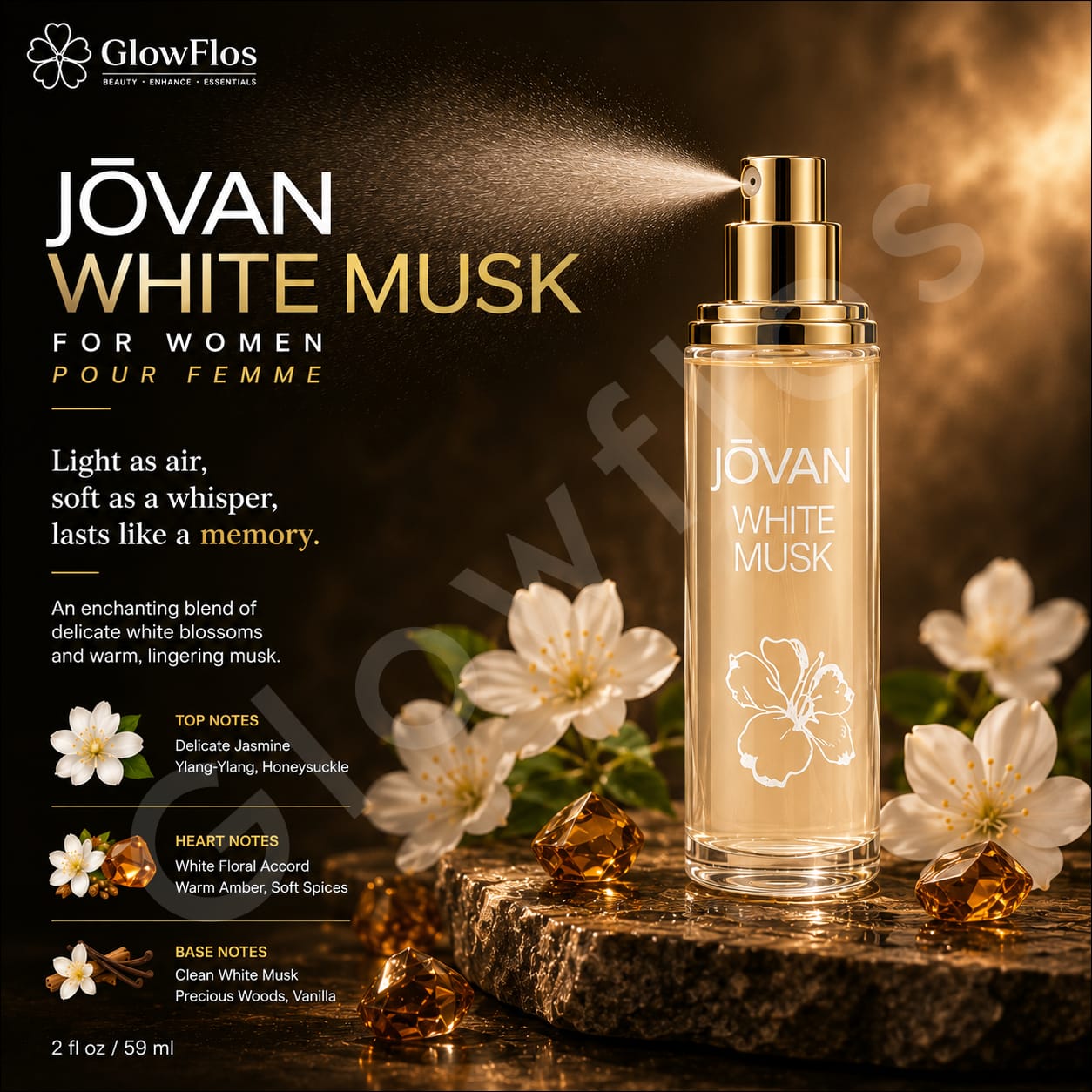 Jovan White Musk for Women 59 ml bottle with fragrance notes white floral amber vanilla