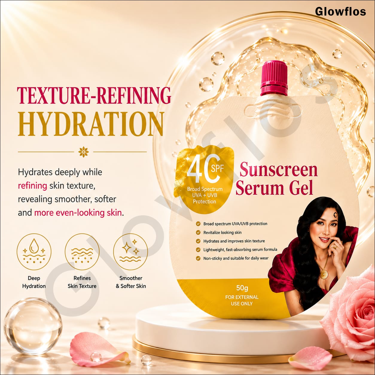 Lightweight clear serum gel texture of Hami-San sunscreen being blended effortlessly on skin