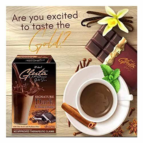 “GlutaLipo Dark Chocolate flavored drink mix in dark chocolate packaging.”
