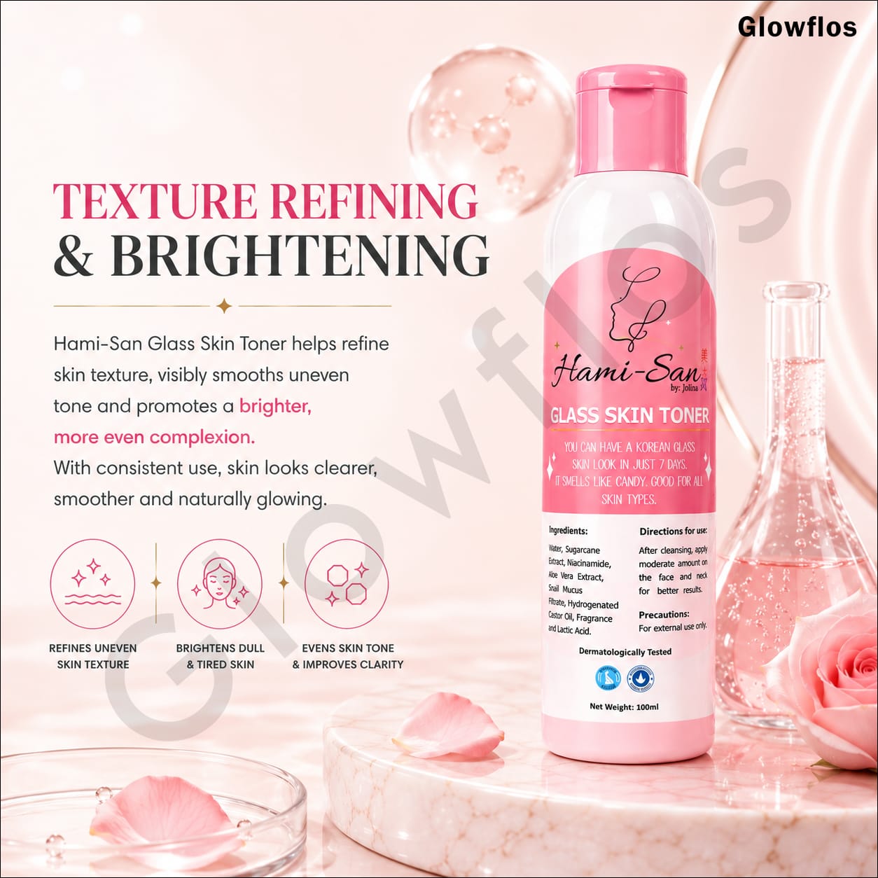 Hami-San Glass Skin Toner benefits listing including cleanses skin evens texture hydrates and dries pimples