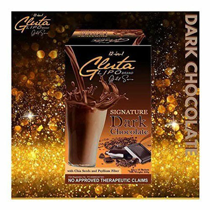 “GlutaLipo Dark Chocolate flavored drink mix in dark chocolate packaging.”