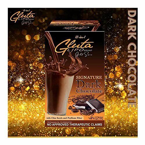 “GlutaLipo Dark Chocolate flavored drink mix in dark chocolate packaging.”
