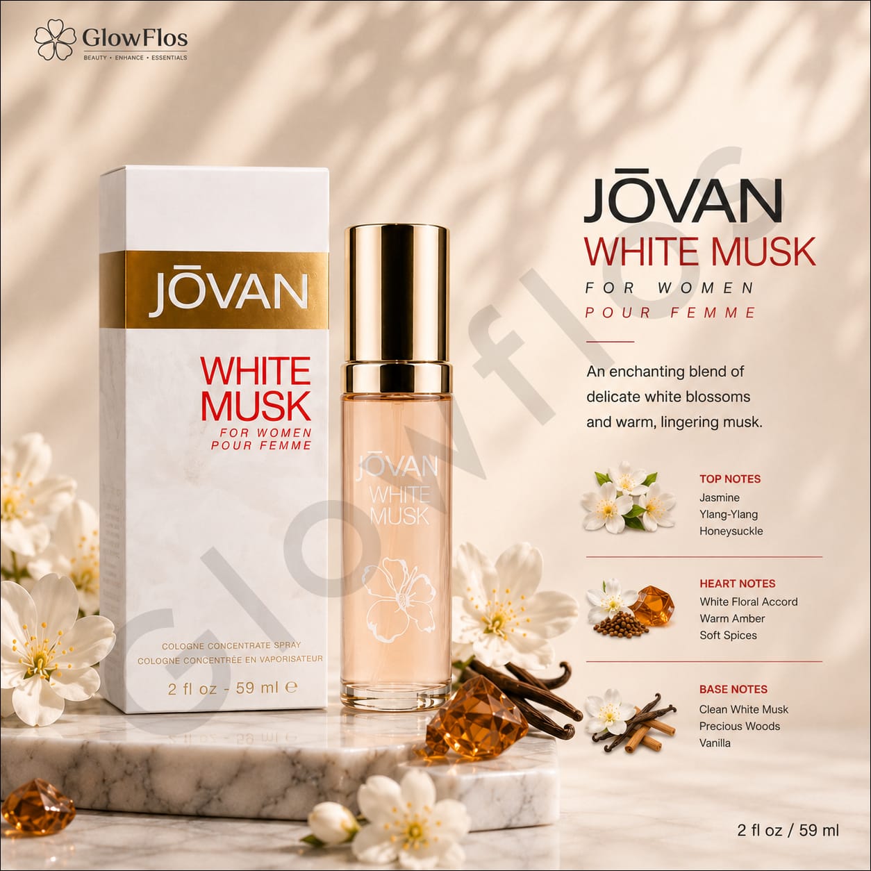 Jovan White Musk for Women 59 ml bottle with fragrance notes white floral amber vanilla