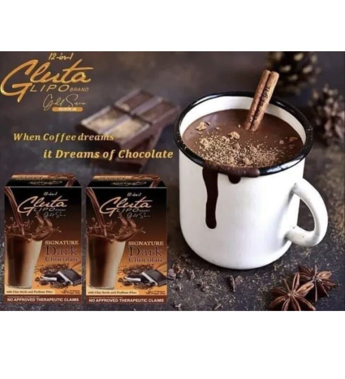 “GlutaLipo Dark Chocolate flavored drink mix in dark chocolate packaging.”