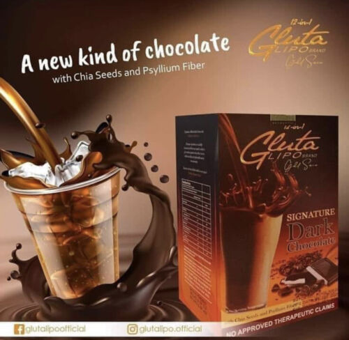 “GlutaLipo Dark Chocolate flavored drink mix in dark chocolate packaging.”