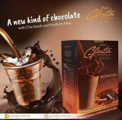 “GlutaLipo Dark Chocolate flavored drink mix in dark chocolate packaging.”