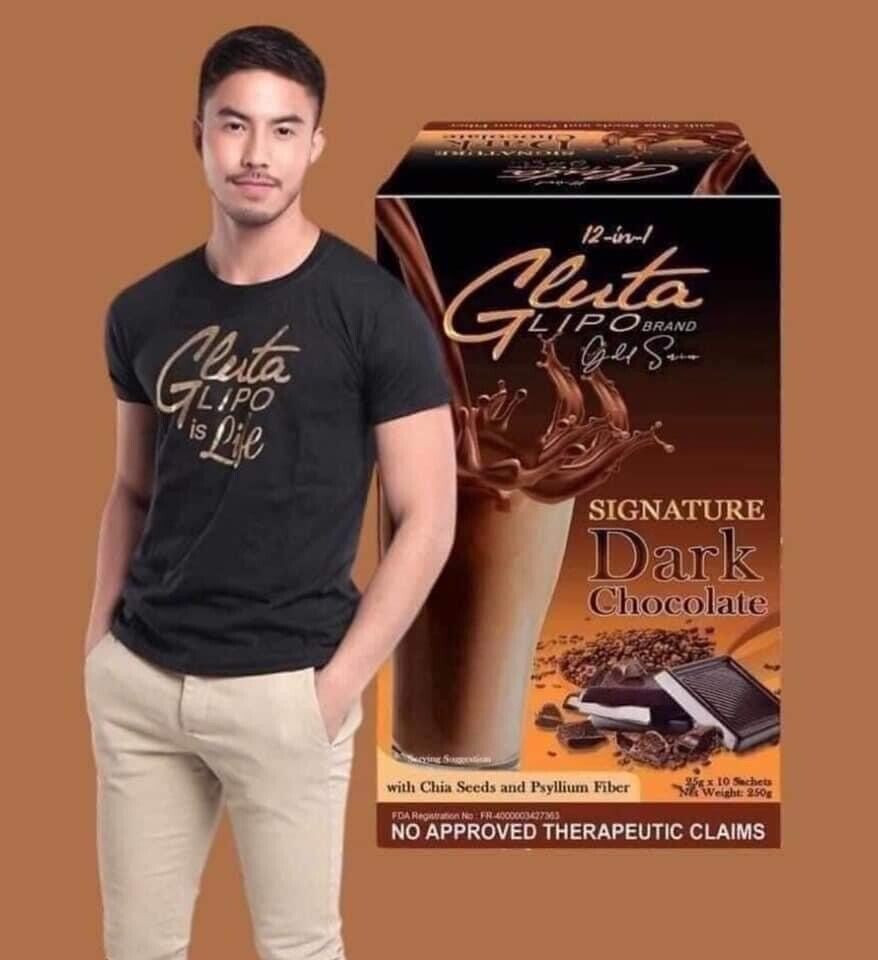 “GlutaLipo Dark Chocolate flavored drink mix in dark chocolate packaging.”