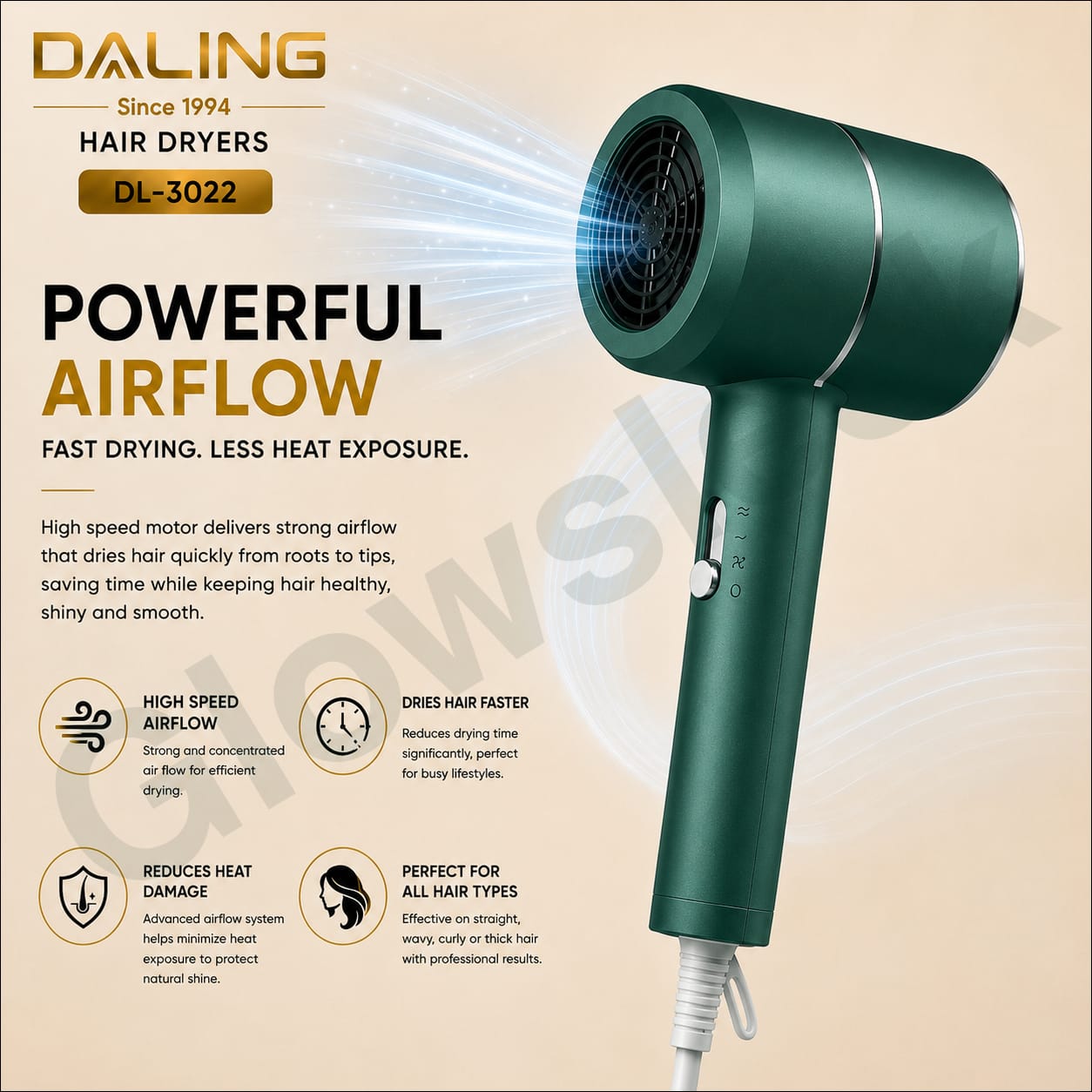 Authentic Daling Professional Travel Hair Dryer Model DL-3022 Compact 1400W Blow Dryer with Ionic Technology Concentrator Nozzle and Cool Shot for Frizz Free Hair