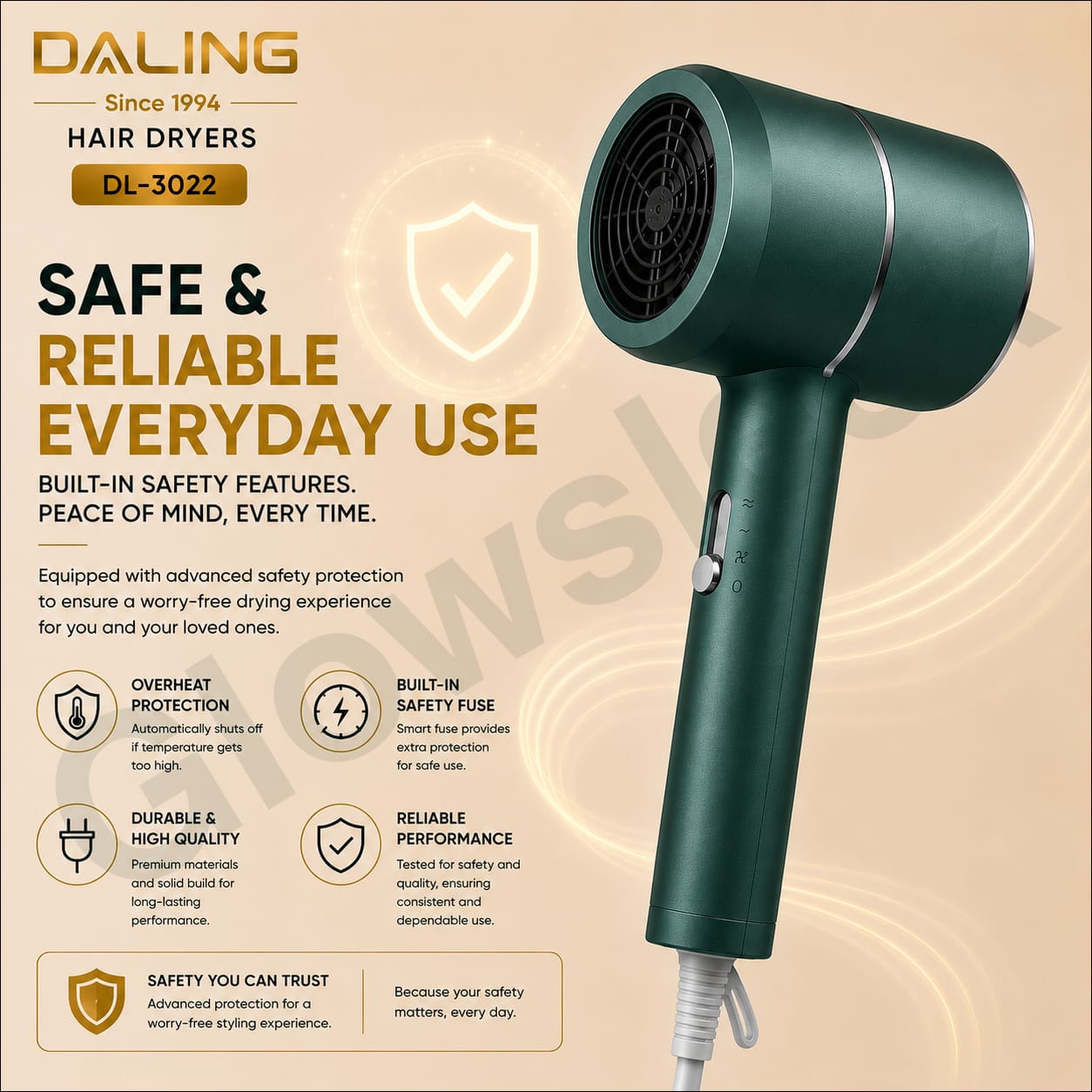 Authentic Daling Professional Travel Hair Dryer Model DL-3022 Compact 1400W Blow Dryer with Ionic Technology Concentrator Nozzle and Cool Shot for Frizz Free Hair