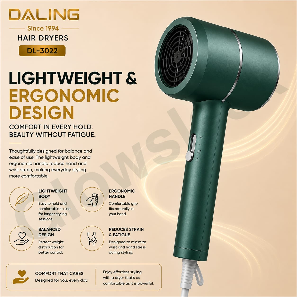 Authentic Daling Professional Travel Hair Dryer Model DL-3022 Compact 1400W Blow Dryer with Ionic Technology Concentrator Nozzle and Cool Shot for Frizz Free Hair
