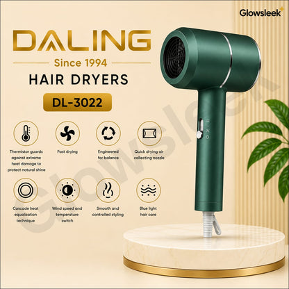 Authentic Daling Professional Travel Hair Dryer Model DL-3022 Compact 1400W Blow Dryer with Ionic Technology Concentrator Nozzle and Cool Shot for Frizz Free Hair