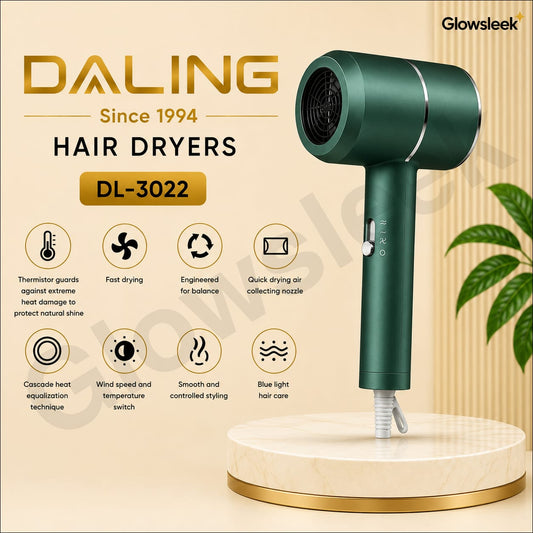 Authentic Daling Professional Travel Hair Dryer Model DL-3022 Compact 1400W Blow Dryer with Ionic Technology Concentrator Nozzle and Cool Shot for Frizz Free Hair