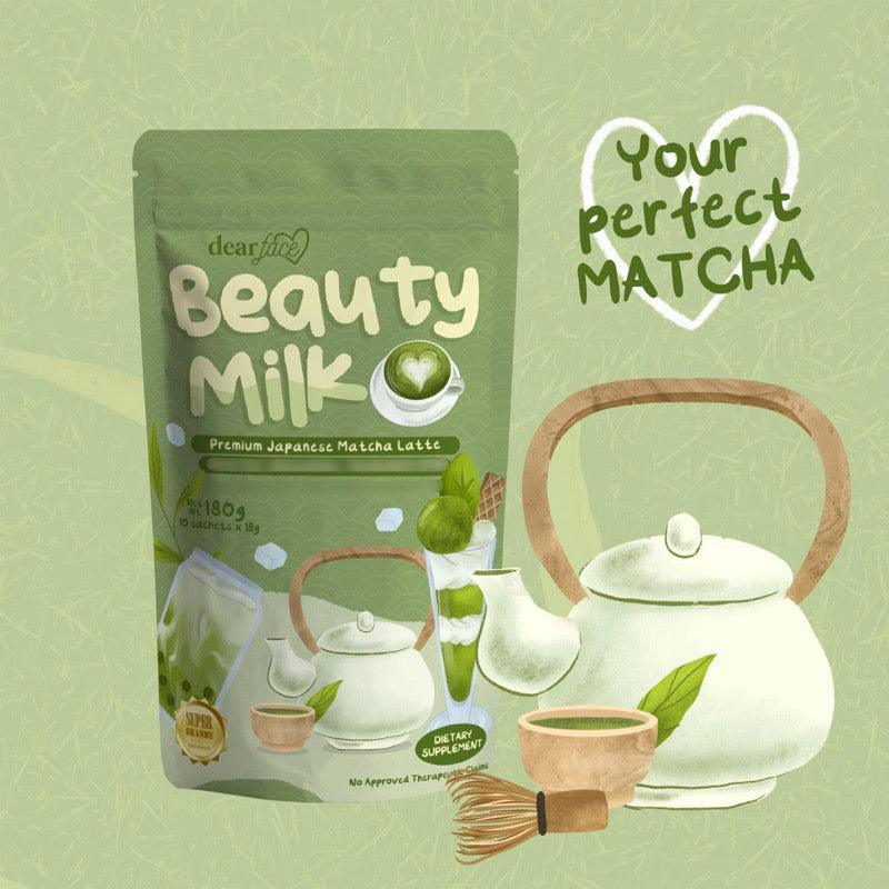 Authentic Dear Face Beauty Milk Matcha Latte Japanese Green Tea Collagen Drink Powder for Premium Anti Aging Skin Clearing Metabolism Boost Weight Management and Body Detox Glow