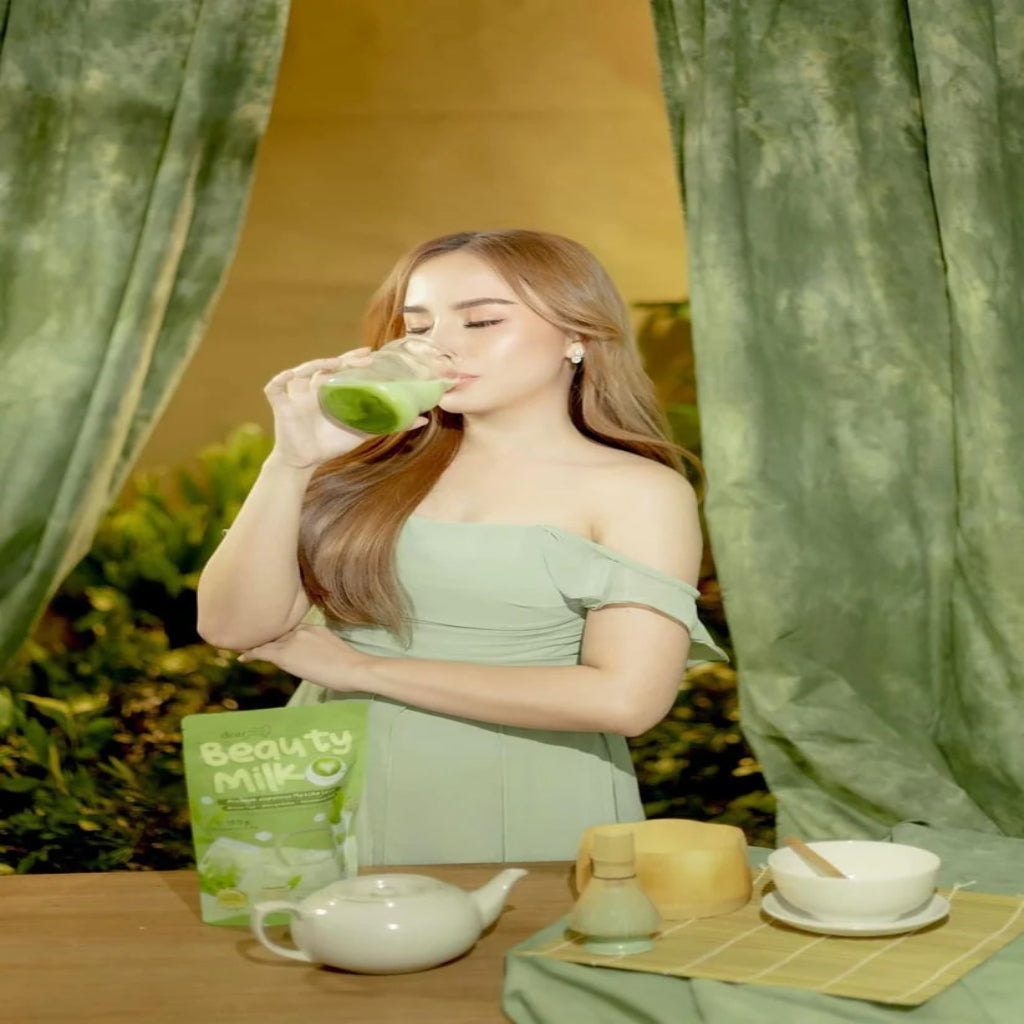 Authentic Dear Face Beauty Milk Matcha Latte Japanese Green Tea Collagen Drink Powder for Premium Anti Aging Skin Clearing Metabolism Boost Weight Management and Body Detox Glow