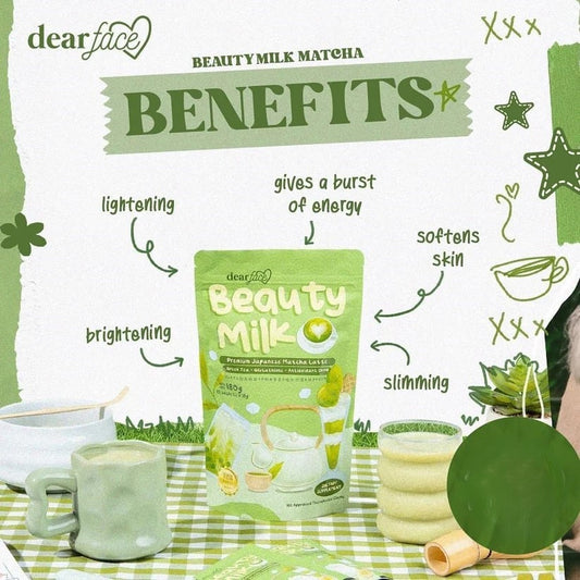 Authentic Dear Face Beauty Milk Matcha Latte Japanese Green Tea Collagen Drink Powder for Premium Anti Aging Skin Clearing Metabolism Boost Weight Management and Body Detox Glow