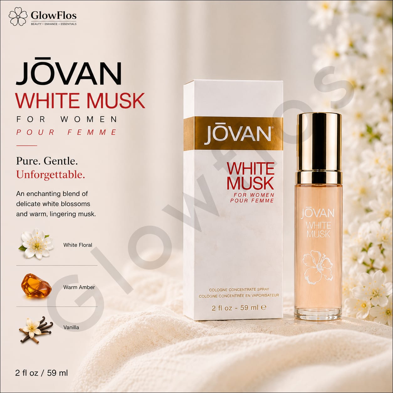 Jovan White Musk for Women 59 ml bottle with fragrance notes white floral amber vanilla