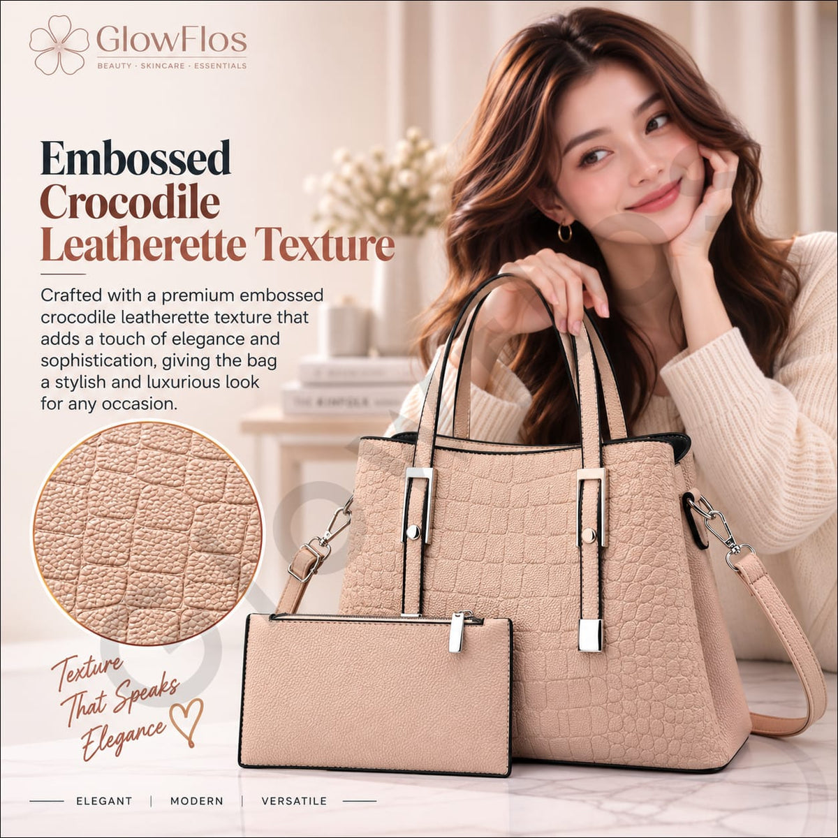 Luxe Crocodile Pattern Tote & Zipper Pouch Set
