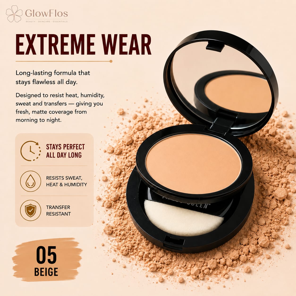 Party Queen Extreme Control Lasting Silk UV Mineral Compact Powder open with mirror and packaging box in shade No. 05 Beige.