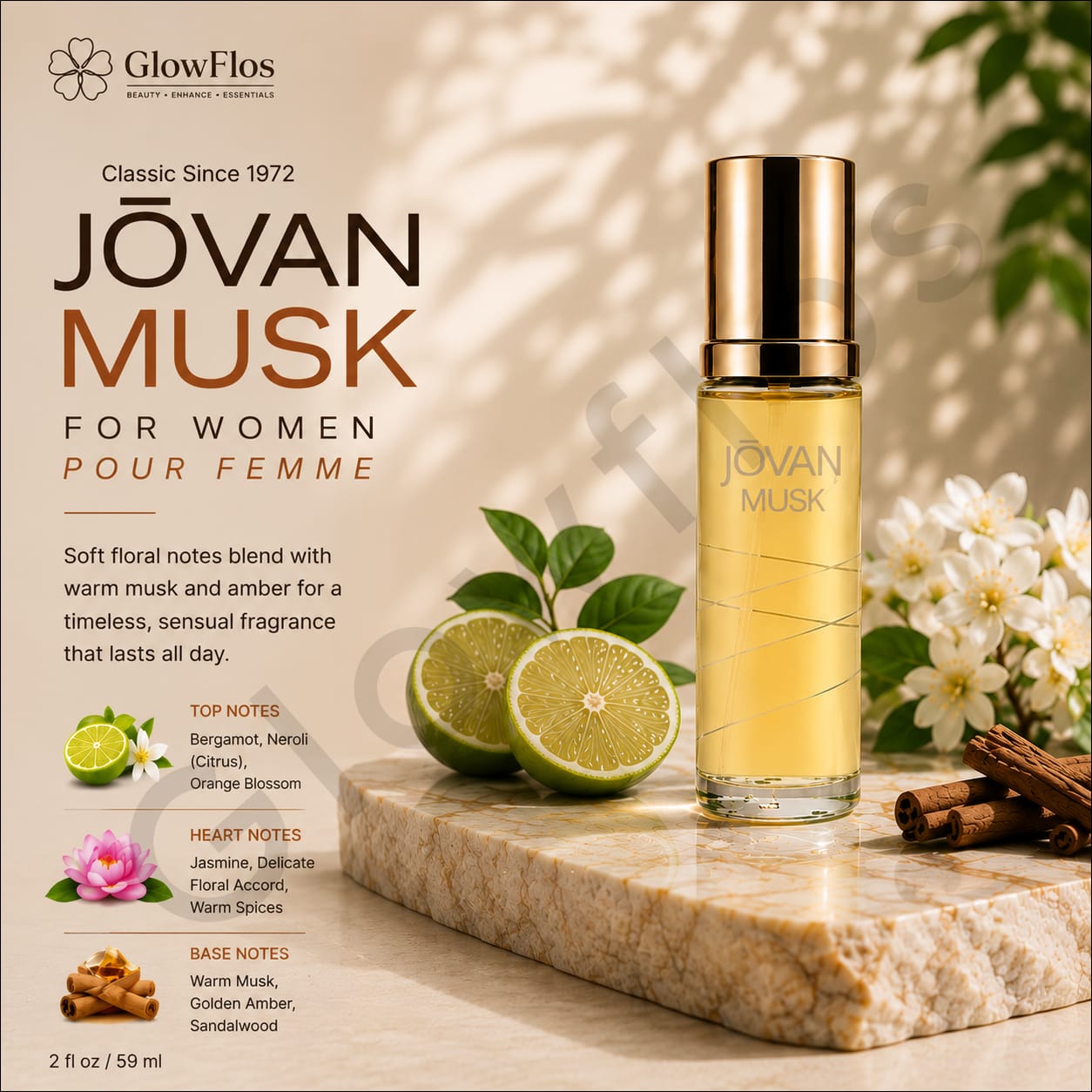 Jovan Musk for Women 59 ml cologne concentrate spray bottle with citrus jasmine and amber notes
