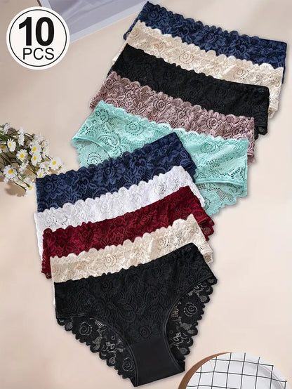 Women'S Floral Lace Briefs  Sexy Mid-Rise Underwear 10 Pcs