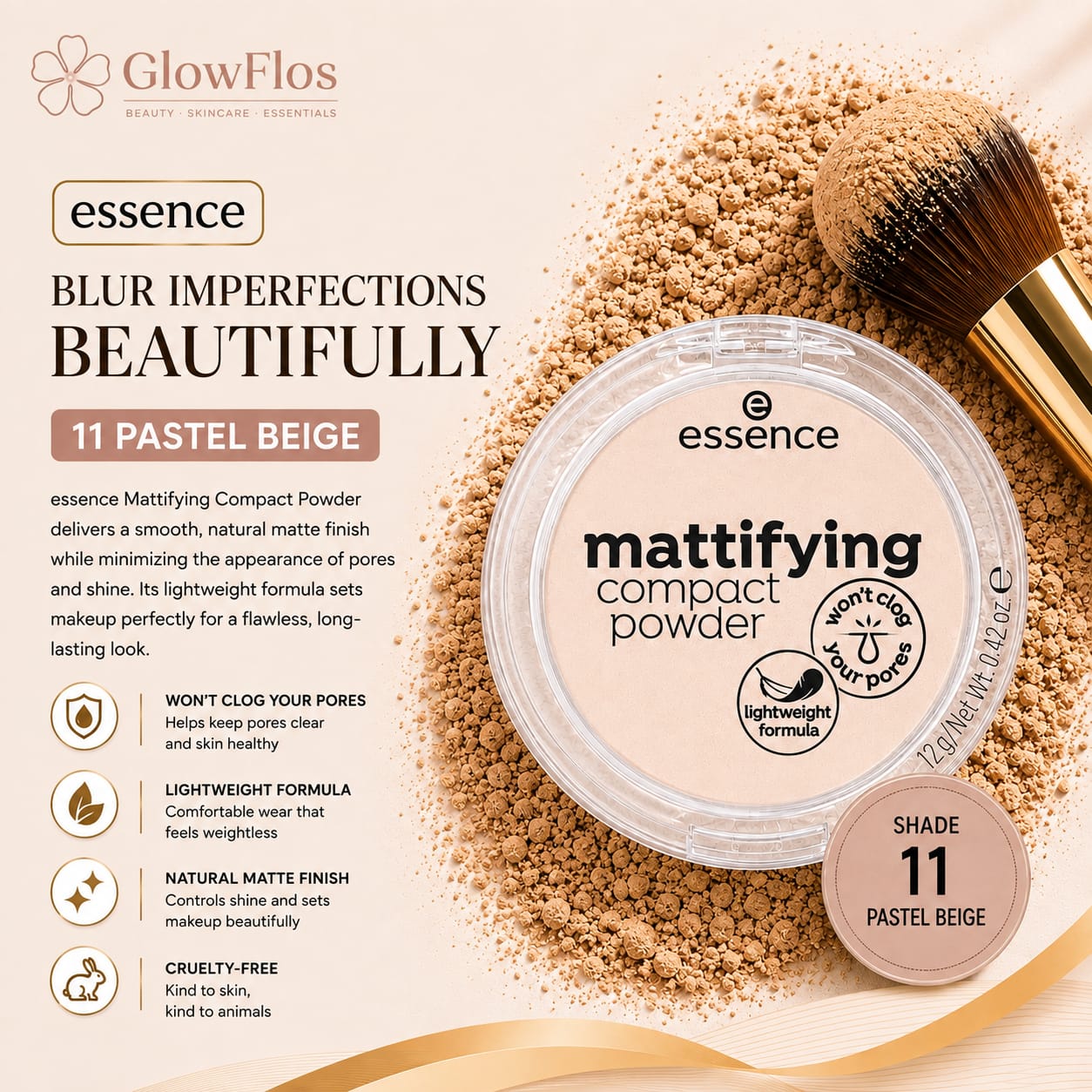 Essence Mattifying Compact Powder compact case in shade No. 11 showing the top lid and back ingredients label.