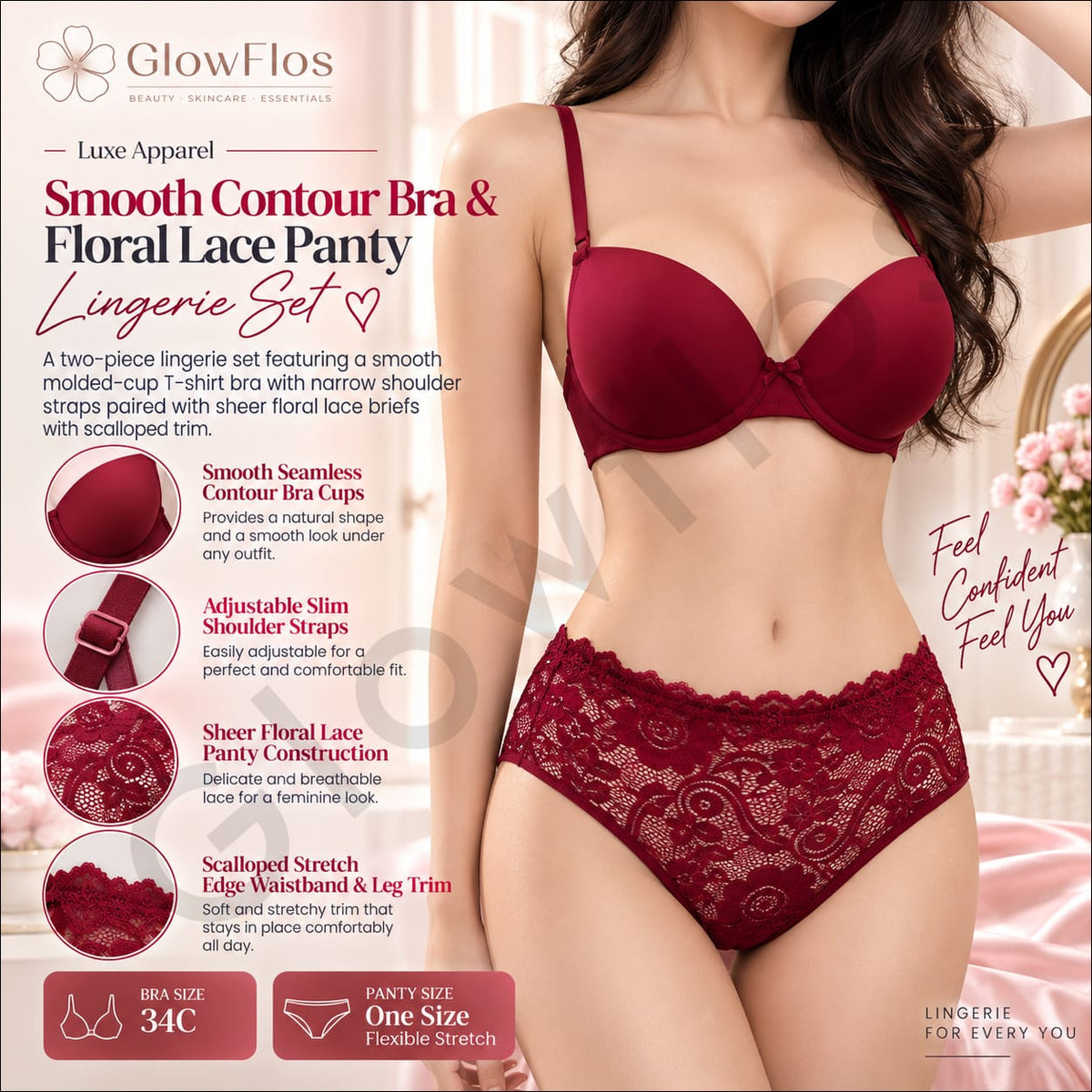 Smooth Contour Bra & Floral Lace Panty Lingerie Set