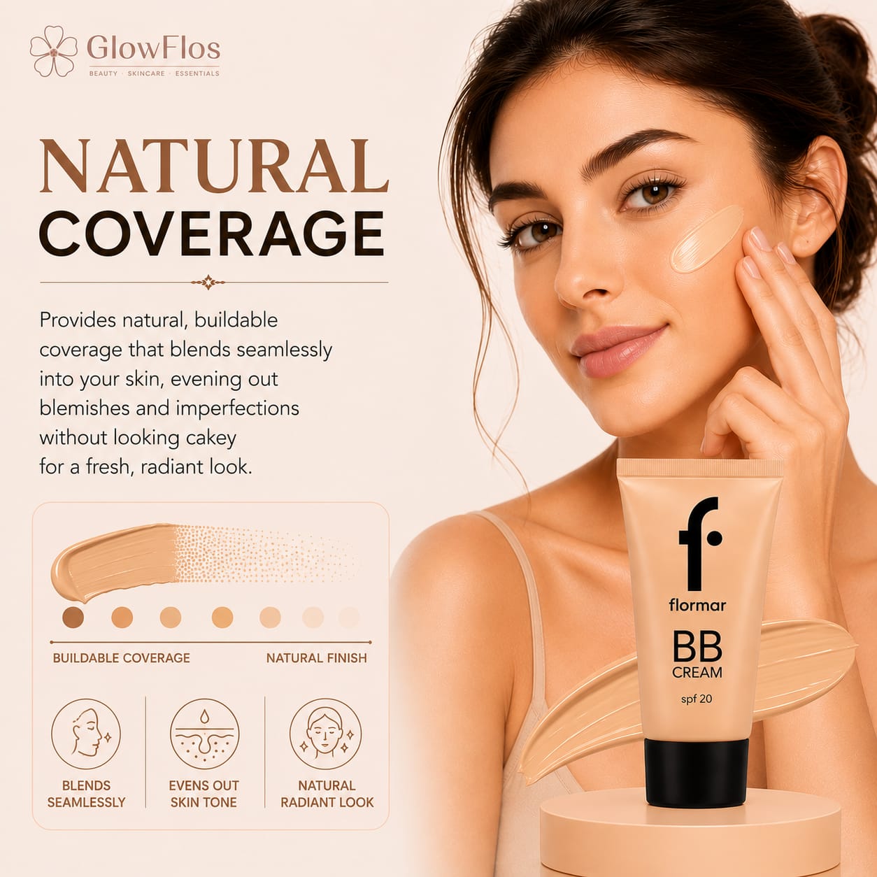 Flormar 5-in-1 BB Cream tube in Light Medium shade, displaying SPF 20, front and back packaging details.